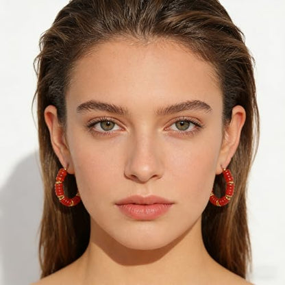 Wellike Beaded Hoop Earrings for Women Natural Stone Pink Gold Huggie Earrings Hypoallergenic Dainty Waterproof Trendy Jewelry - color: Red, size: 35mm