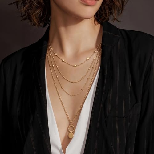 Vintage Gold Layered Necklaces for Women, 3-Piece Chunky Cuban Link & Paperclip Chain Set, Trendy Coin Pendant Choker Stack, Hypoallergenic Jewelry Gift - style: Gilt Sun
