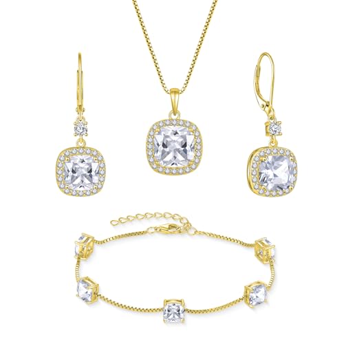 18K Gold Plated Princess Cut Jewelry Set 925 Sterling Silver Cubic Zirconia Earrings Dangle Drop Leverback April Birthstone Necklace and Bracelet Jewelry for Women