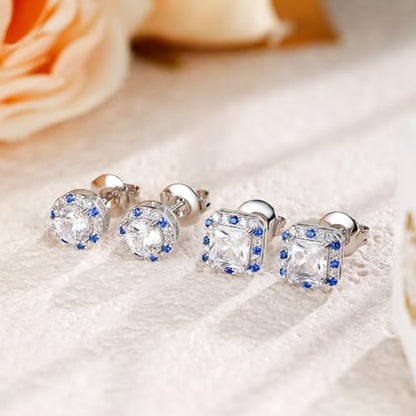 Titanium Stud for Sensitive Ears, Gold Plated Halo Cubic Zirconia Earrings - color: Round & Square White Stud