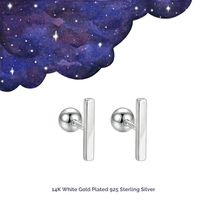 14K Gold Plated Nap Earrings Sterling Silver Ball Bar Bezel Setting CZ Stones Screw Back Hypoallergenic Earrings Everyday Cartilage Helix Parisian Minimalist Piercing Earrings For Women Unisex - color: Sleek Bar - WG