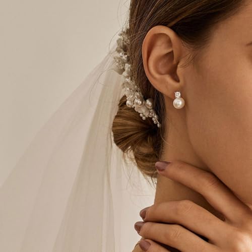 WFYOU Pearl Earrings for Women 925 Sterling Silver Stud Earring | 14K Gold Plated Hypoallergenic Stud Earrings, White Diamond Dainty Bridal Earring, Trendy Jewelry, Wedding Party Gifts - color: Silver B, size: 5mm