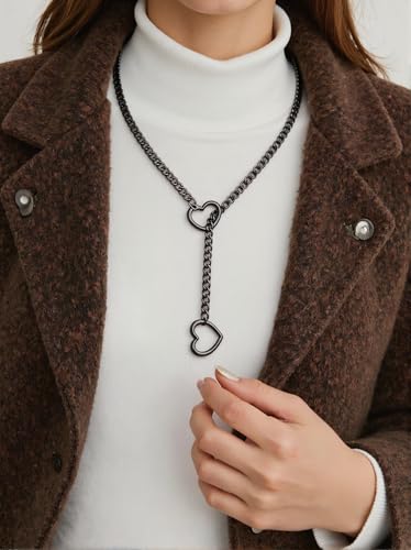 Slip Chain Choker for Women Handmade Black Stainless Steel Cuban Chain Chunky Moon Bat Raven Skull Pendant Gothic Punk Rock Collar Adjustable Lariat Y Necklace for Men - style: Black heart
