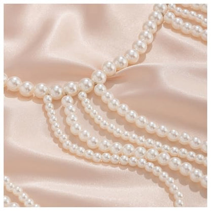 Multi-layer Pearl Tassel Shoulder Chain Necklace for Women Layered Beaded Shoulder Body Jewelry Rave Pearl Arm Chain - color: White