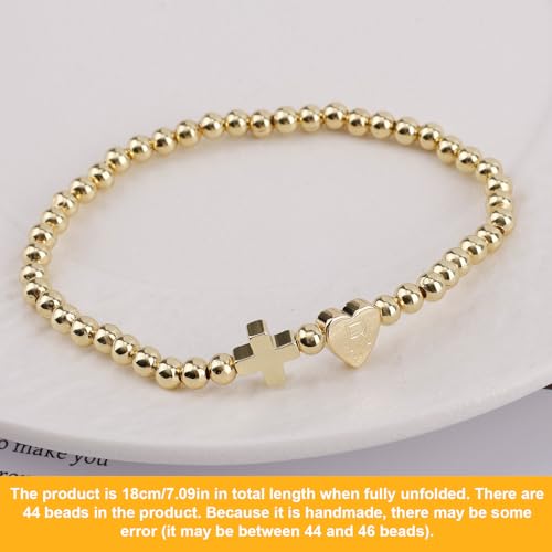 Mikovivi Women's Cross Bracelet with Initial Beads, Elastic Heart Alphabet Charm Stackable Beaded Bracelet Religious Christian Jewelry Gift - style: Letter R