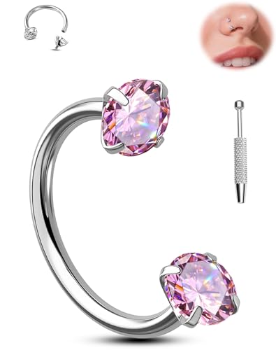 Jewseen Titanium Horseshoe Nose Ring 18G Double Gem Nose Ring for Women 6MM/7MM/8MM Internally Threaded Lip Septum Piercing Jewelry Horseshoe Helix/Daith/Tragus Earring for Women - color: Pink CZ, size: 1.0*8mm