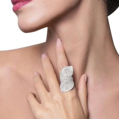 Paved CZ Leaf Statement Open Ring for Women - Sparkle Crystal Leaves Adjustable Wrap Finger Band Bridal Wedding Engagement Promise Eternity Rings Exaggerated Exquisite Cocktail Party Jewelry for Bride - color: Silver