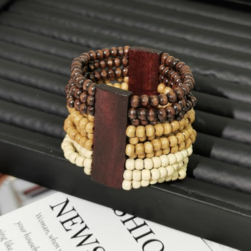 Caiyao Bohemian Wooden Beaded Stretch Bracelet Wide Chunky Bangle Beads Jewelry Wood Elastic Wristband for Women-Brown - style: 00B
