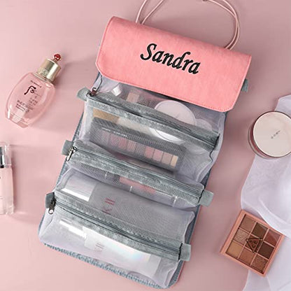 GOPHIE Personalized Toiletry Bag Embroidery Roll-Up Cosmetic bag Foldable Portable Travel Organizer Custom Women's Cosmetic Makeup Kits for Women Waterproof (Pink) - color: Pink