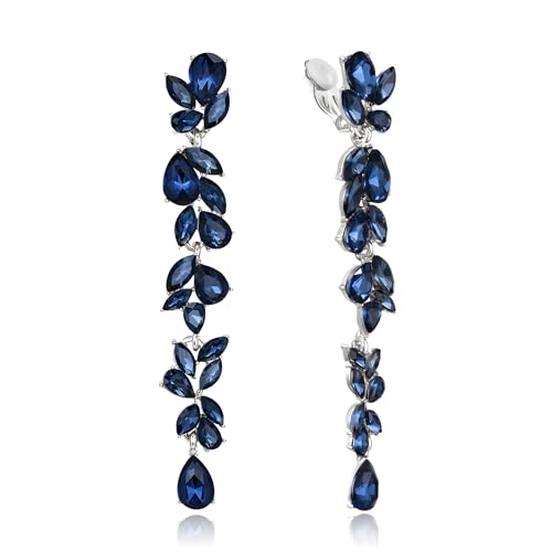 Crysdue Clip On Earrings for Women Rhinestone Crystal Teardrop Cluster Wedding Bridal Non Pierced Long Dangle Earring for Prom Party - color: Sapphire Silver-Tone