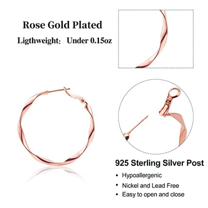 24K Gold Hoop Earrings for Women Trendy Real Gold Plated Twisted Thin Huggie Hoops, Dainty Cute Big Gold Filled Dangle Hoop Earrings Nickel Free Womens Earrings for Sensitive Ears Hypoallergenic - style: Rose Gold 40mm