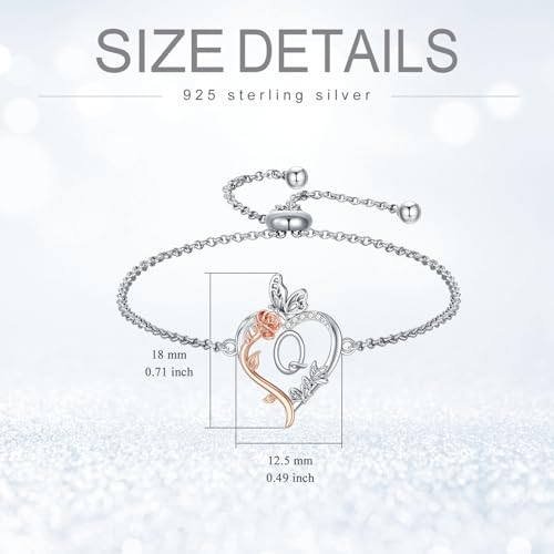 TOUPOP Gifts for Women Rose Heart Initial Bracelet 925 Sterling Silver Butterfly Letter Link Bracelet Love Jewelry Anniversary Birthday Gifts for Wife Girlfriend Mom Her - style: Initial Q