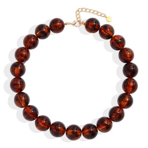 Chunky Necklaces for Women Trendy 20MM Large Resin Beaded Necklace Bold Statement Chunky Choker Necklace Boho Beads Summer Beach Jewelry - color: Oversized Bead Necklace-Amber