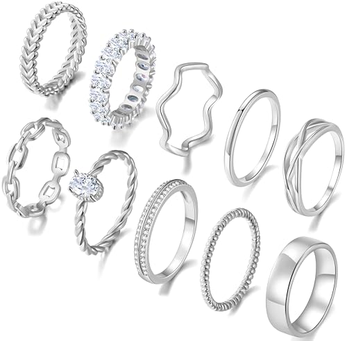 PLOMFOV Gold Plated Stackable Rings - Wedding Bands & Eternity Rings, Dainty 14K Gold Plated, Thin & Simple, Trendy Thumb Stacking Ring Pack (Size 12/11/10/9/8/7/6/5/4) - color: Silver Tone