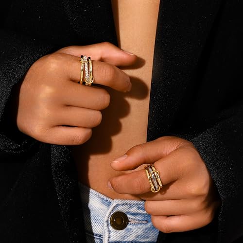 14K Gold Plated Interlocked Stackable Rings for Women Non Tarnish,Gold and Silver Cubic Zirconia Statement Rings Set,Mixed Metals Ring Two-Toned Connected Bands Stacking Jewelry - color: 3pcs rings-gold
