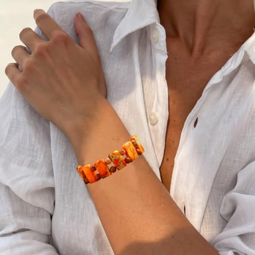 Yomisa Boho Beaded Bracelets for Women,Natural Chakra Turquoise Stone Jasper Bead Bracelet for Womens,Bohemian Handmade Stretch Beads Friendship Bracelets,Healing Trendy Western Jewelry Gifts - color: Orange Imperial Stone Bead