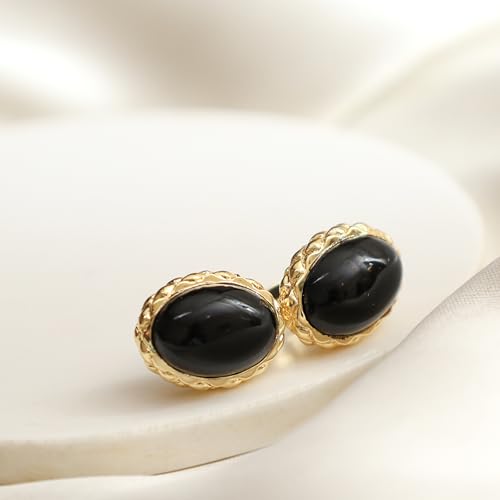 Gempires Bold Oval Gemstone Stud Earrings for Women – Natural Healing Stone Jewelry 14K Gold-Plated Hypoallergenic Tarnish-Resistant – Bold Statement Studs Gift for Her - style: Black Onyx