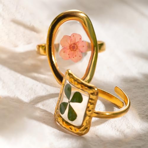 Hebelee Handmade Dried Flower Statement Ring for Women | Gold-Toned Stainless Steel,Adjustable,Pressed Blossom Forget-Me-Not Flowers Open Band Rings,Wedding Holiday Jewelry - color: Square Green Leaf