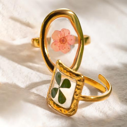 Hebelee Handmade Dried Flower Statement Ring for Women | Gold-Toned Stainless Steel,Adjustable,Pressed Blossom Forget-Me-Not Flowers Open Band Rings,Wedding Holiday Jewelry - color: Square Green Leaf