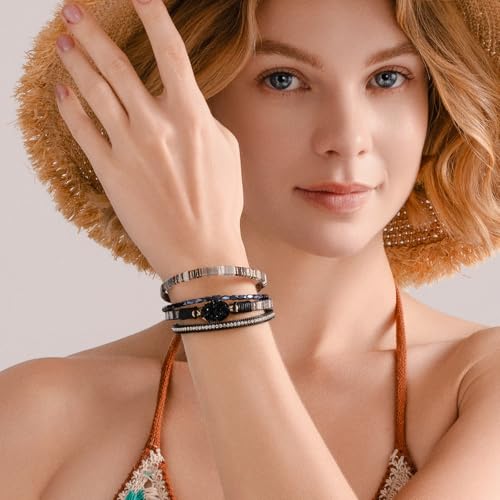 Boho Chunky Leather Wrap Bracelets Stackable Beaded Western Country Jewelry | Crystal Bead Trendy Layered Cuff Magnetic Clasp Stack Bohemian Statement Costume Outfits Cowgirl Fashion Hippie Accessories - color: Boho Black, size: 7.7"