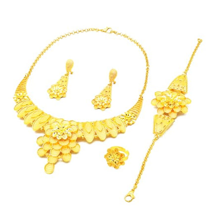 indian Women Jewelry Necklace Set african Dubai Bride Wedding Prom Fashion Jewelry 24K Gold Plated Necklace Bangles Rings Earrings - color: S-348
