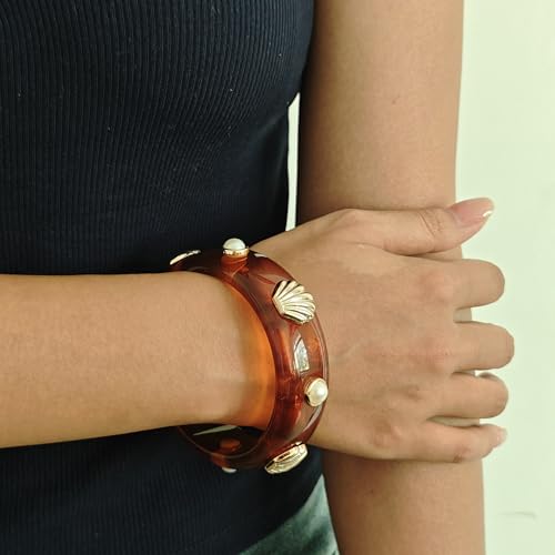 2PCS Chunky Acrylic Bracelet for Women Large Square Resin Cuff Vintage Open Bangle Bracelets Wide Geometric Jewelry - style: M-Shell - Amber