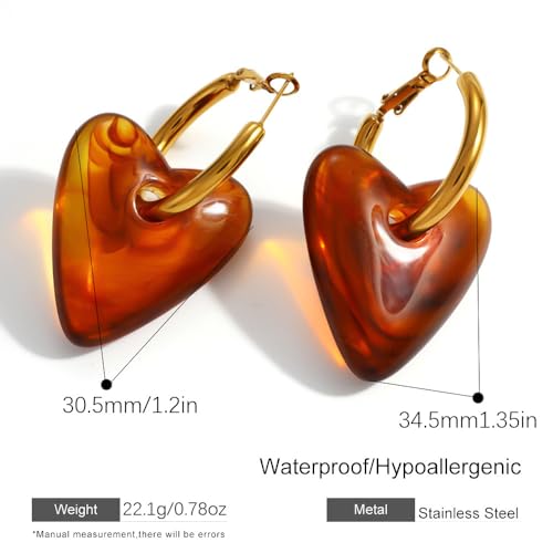 Amber Heart Dangle Drop Hoop Earrings Stainless Steel Huggie Hoops Retro Puffy Tortoiseshell Resin Love Hearted Dangling Statement Earring Vintage Birthday Jewelry for Women Lover