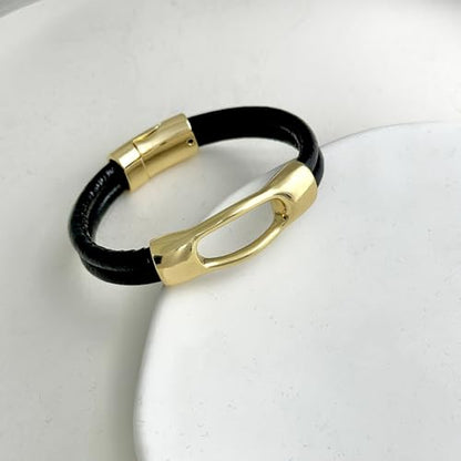 Bracelets for Women Leather Bracelet Multi-Layer Rope Wrap Bangle 14k Gold Plated Cirle Hollow Tube Boho Cuff Bangle Bracelets for Women Gift - style: Double leather bracelet