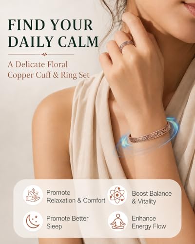 BioMag Pure Copper Bracelet & Ring for Women Men, 99.99% Solid Handmade Copper Cuff Bangle, Adjustable Jewelry Gift with Gift Box - color: Copper-Flower