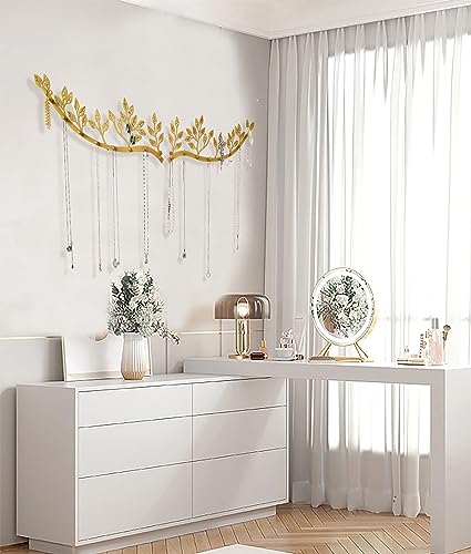 Wall Mounted Jewelry Necklace Holder Organizer with 8 Hooks and 43 Holes, Neatly Hanging Earring, Bracelet, and Keys - Rustic Gold Metal Tree Leaf Branch Wall Décor