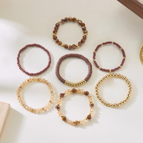 FORUBUS 7Pcs Bohemian Multilayer Stackable Beaded Bracelets Set for Women, Crystal Glass Gold CCB Beads Stretch Bracelet Pack, Summer Beach Boho Jewelry Vacation Gifts - color: Brown