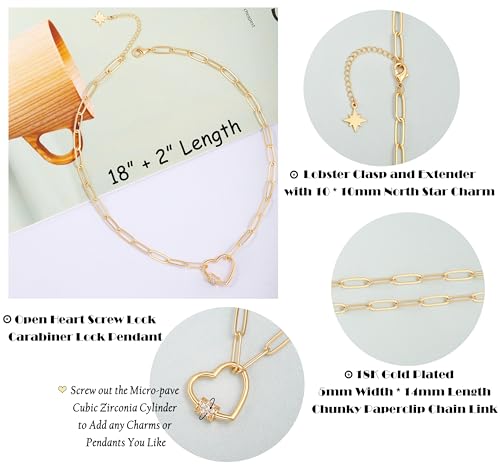 Aobei Pearl 18K Gold Plated Moon Star Lion Evil Eye Love Heart Cross Pendant Necklace Medallion Paperclip Chian Choker Layering Jewery for Women - color: 18K Gold Plated Heat Screw Lock