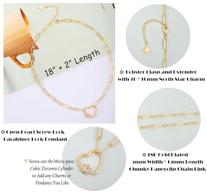 Aobei Pearl 18K Gold Plated Moon Star Lion Evil Eye Love Heart Cross Pendant Necklace Medallion Paperclip Chian Choker Layering Jewery for Women - color: 18K Gold Plated Heat Screw Lock