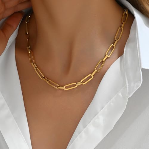 18K Gold Plated Chunky Chain Necklace for Women Dainty Cuban Paperclip Chain Toggle Bar Clasp Necklace Thick Trendy Layering Gold Chain Link Stainless Steel Jewelry - style: Paperclip-Gold