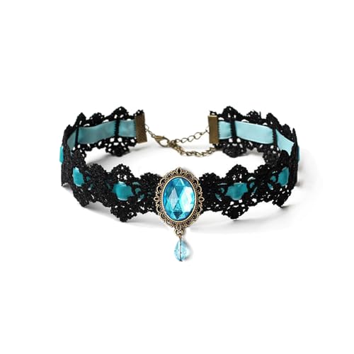 CSIYANJRY99 Gothic Choker Necklace for Women Halloween Red Crystal Vampire Choker Steampunk Lace Choker Witch Costume Accessories - style: Lake Blue