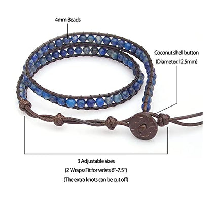 Genuine Stone Wrap Bracelets for Women Natural Crystal Beaded Wrap Bracelet 2/3/5 Adjustable Bohemian Bracelets Jewelry Gifts for Women Mom - color: lapis(2 wraps)