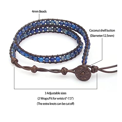Genuine Stone Wrap Bracelets for Women Natural Crystal Beaded Wrap Bracelet 2/3/5 Adjustable Bohemian Bracelets Jewelry Gifts for Women Mom - color: lapis(2 wraps)