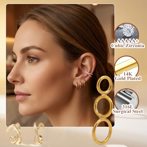 14G Huggie Hoop Earrings 6/8/10mm cross-band ear cuffs non piercing | Small 14K Plated gold Hoop Earrings for Women Hypoallergenic layered piercings Jewelry Set for Cartilage Helix Tragus Lobe