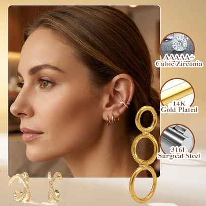 14G Huggie Hoop Earrings 6/8/10mm cross-band ear cuffs non piercing | Small 14K Plated gold Hoop Earrings for Women Hypoallergenic layered piercings Jewelry Set for Cartilage Helix Tragus Lobe