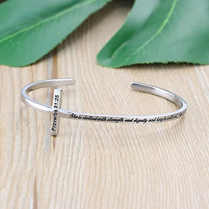 𝐂𝐫𝐨𝐬𝐬 𝐁𝐫𝐚𝐜𝐞𝐥𝐞𝐭 Religious Cuff Bangle 𝐁𝐢𝐛𝐥𝐞 𝐕𝐞𝐫𝐬𝐞 Christian Gifts Jewelry for 𝐖𝐨𝐦𝐞𝐧 - style: 0.Silver cuff-She is clothed with strength... the future -Proverbs 31:25