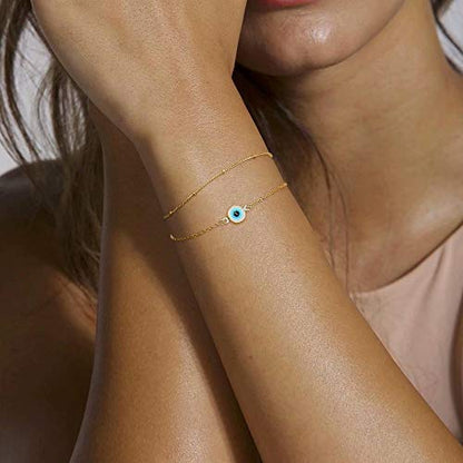 Dainty Gold Bracelets for Women, 14K Gold Plated Adjustable Layered Beads Bracelet Cute Evil Eye Oval Chain Pearl Bar Turtle Gold Bracelets for Women Jewelry - style: "Evil Eye&Beads Chain