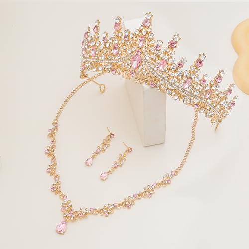 Crystal Crown Jewelry Set for Women Bride Queen Tiara Earrings and Necklace | Metal Royal Crown Costume Jewelry Set Wedding Prom Quinceanera Party Pageant Halloween Retirement Christmas Birthday Gift - color: Pink