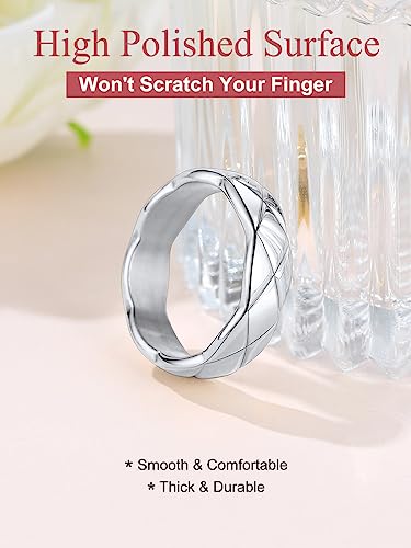 FOCALOOK Crush Bands Ring for Women Yellow Gold Plated 6MM Wide Wedding Promise Stacking Rings, Size 7-12 - color: 01.Silver