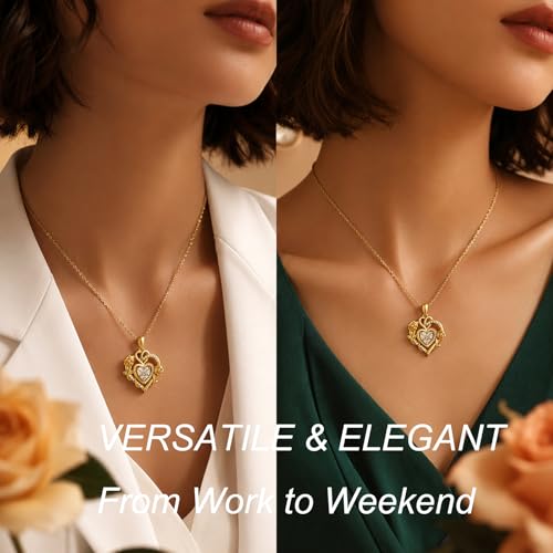 KQ&TTENG Heart Necklaces for Women 14K Gold Plating Hearts Necklace CZ Romantic Rose Pendant Mothers Day Anniversary Birthday Gift for Wife Mom Her - style: 14-Double Rose Heart Necklace