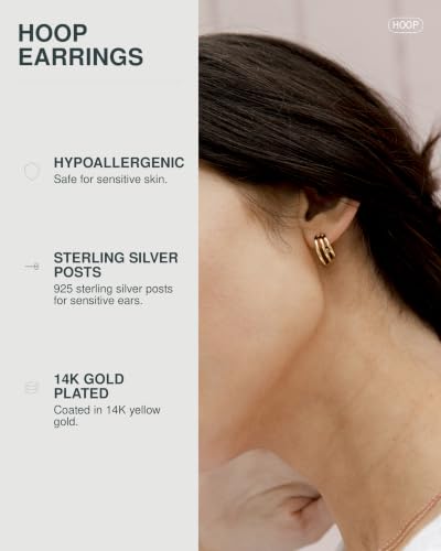 PAVOI 14K Gold Plated Multi Huggie Hoop Earrings for Women - 925 Sterling Silver Posts Triple Split Hoop Gold Earrings for Women - Trendy Fashion Jewelry - style: Triple