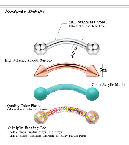 20-48Pcs 16G Eyebrow Piercing Rook Curved Barbell Kit Eyebrow Tragus Lip Rings for Women Men 8-10mm - color: H: 30pcs 10mm