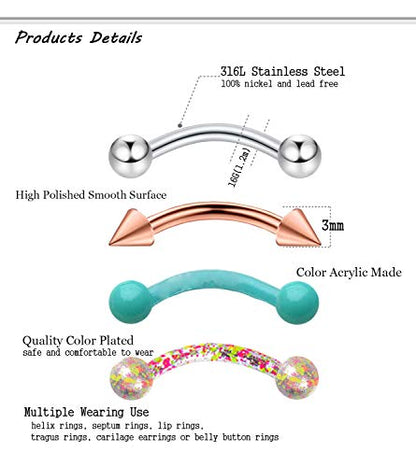 20-48Pcs 16G Eyebrow Piercing Rook Curved Barbell Kit Eyebrow Tragus Lip Rings for Women Men 8-10mm - color: H: 30pcs 10mm