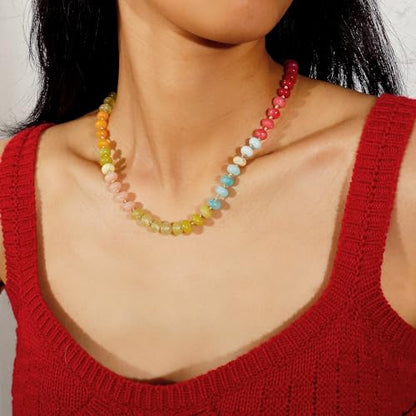 Gemstone Beaded Necklace for Women Colorful Natural Stone Freshwater Pearl Surfer Beach Rainbow Necklace Jewelry Gift - color: colorful -04