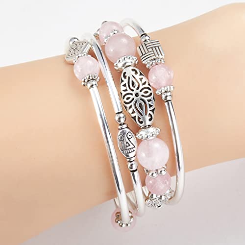 BULINLIN Layered Wrap Bangle Turquoise Bracelet - Bead Bracelet with Natural Agate Stone, Gifts For Women - color: 03-Pink