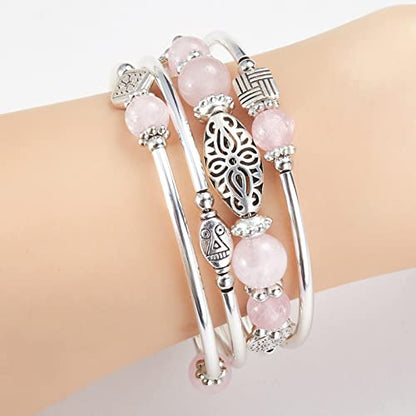 BULINLIN Layered Wrap Bangle Turquoise Bracelet - Bead Bracelet with Natural Agate Stone, Gifts For Women - color: 03-Pink